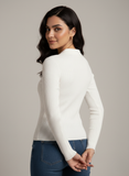 White Half Button V Neck Knit Shirt - Full Sleeve