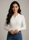 White Half Button V Neck Knit Shirt - Full Sleeve