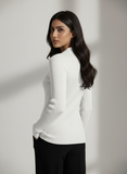 White Full Button V Neck Knit Shirt - Full Sleeve