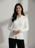 White Full Button V Neck Knit Shirt - Full Sleeve