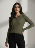 Olive Green V Neck Knit Shirt - Full Sleeve
