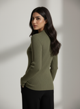 Green Full Button V Neck Knit Shirt - Full Sleeve