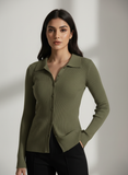 Green Full Button V Neck Knit Shirt - Full Sleeve