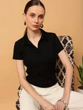 Pure Black Ribbed Polo - Half Sleeves