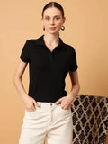 Pure Black Ribbed Polo - Half Sleeves