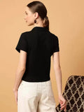 Pure Black Ribbed Polo - Half Sleeves