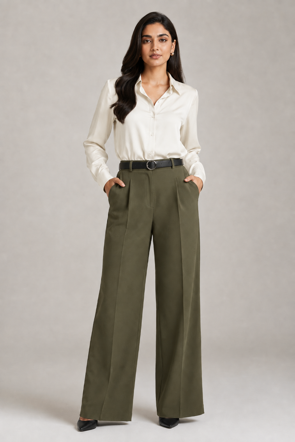 Tailored Wide Leg Pants - Olive Green