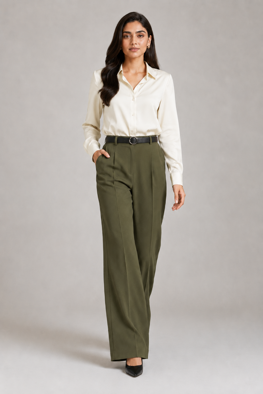 Tailored Wide Leg Pants - Olive Green