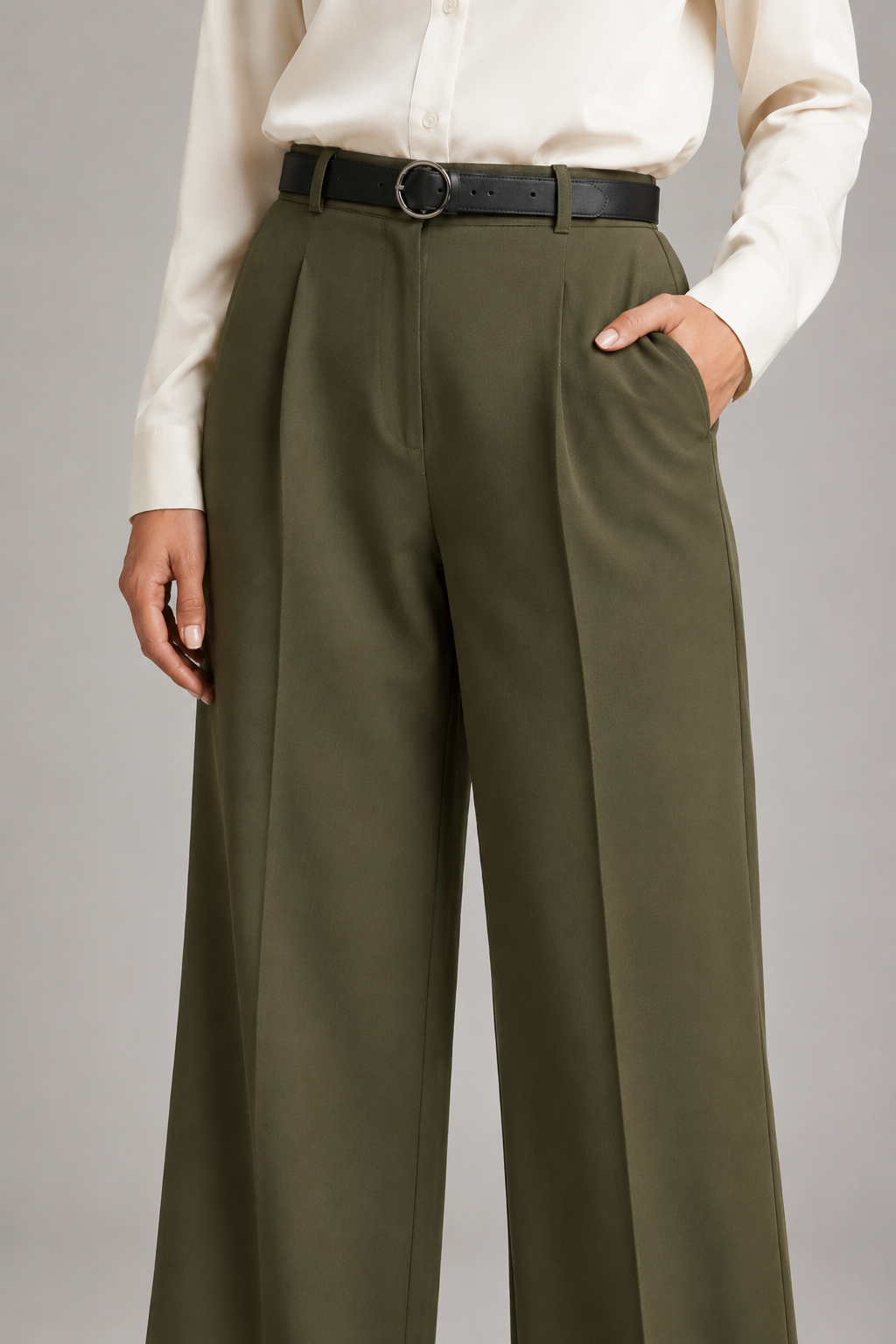 Tailored Wide Leg Pants - Olive Green
