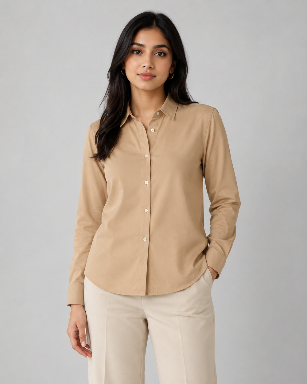 Women’s Cotton Button Down Shirt - Beige