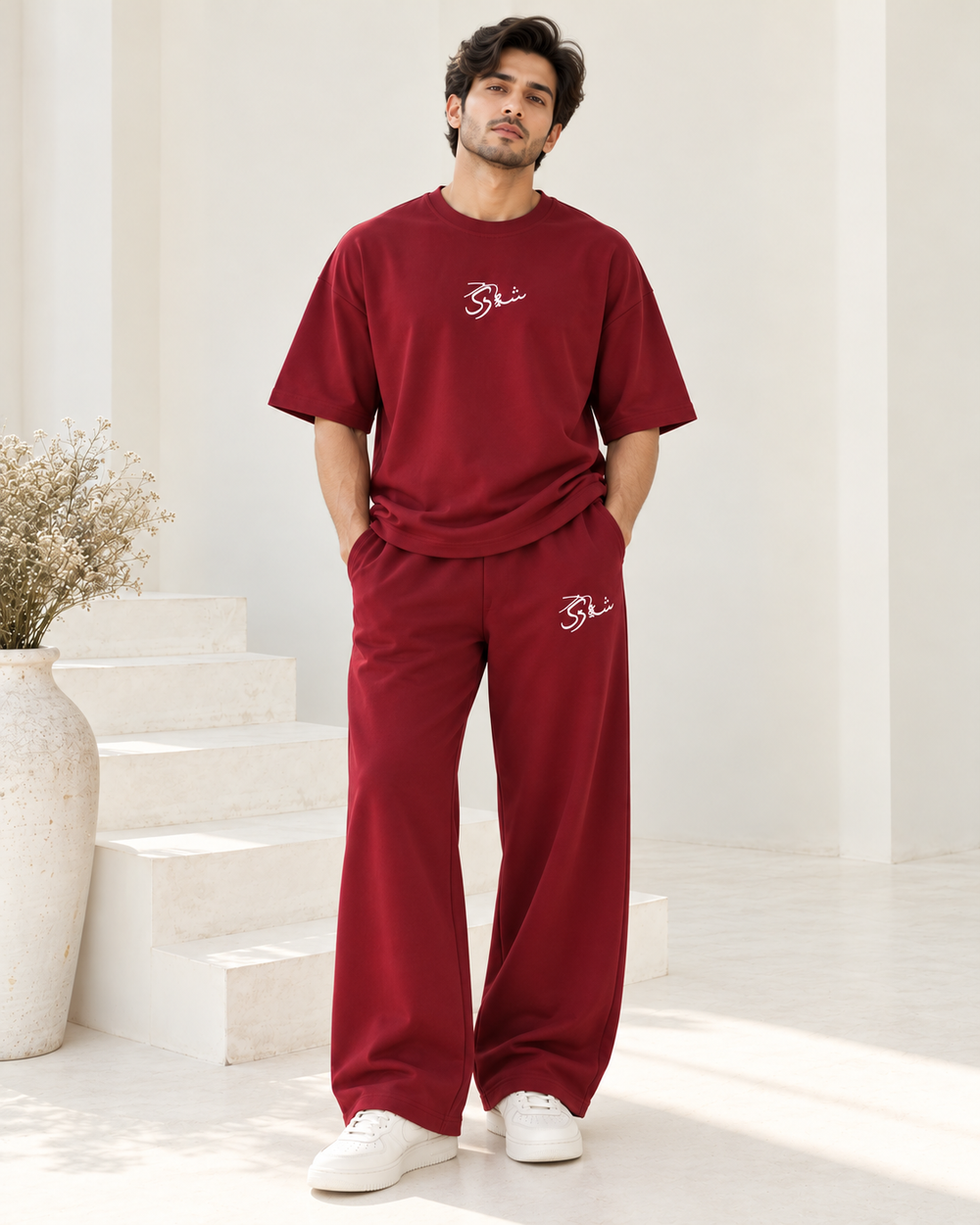 Men's Oversized Co-Ord Set – Maroon | Burraq