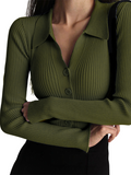 Green Full Button V Neck Knit Shirt - Full Sleeve