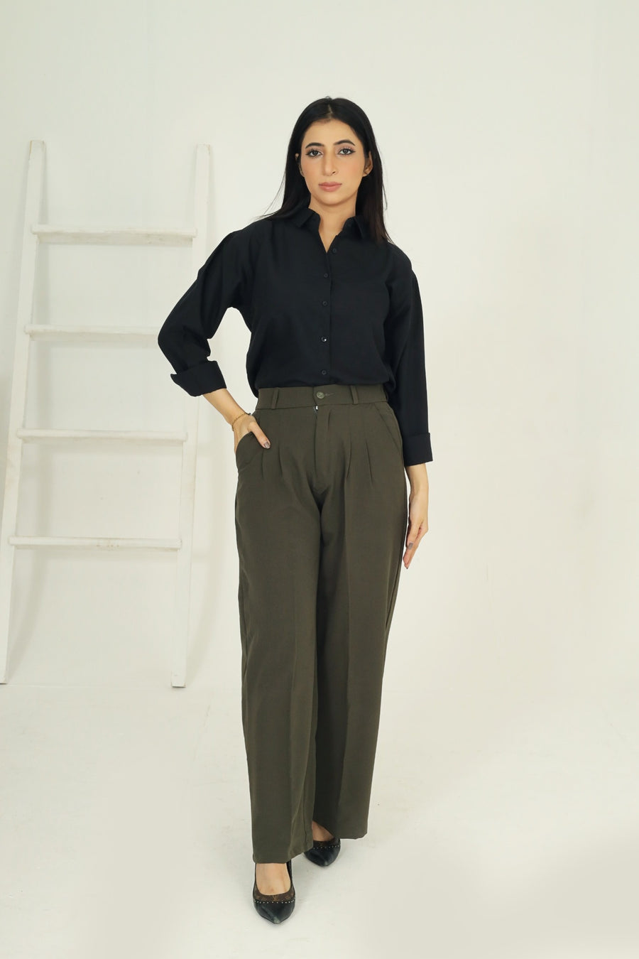 Tailored Wide Leg Pants - Olive Green