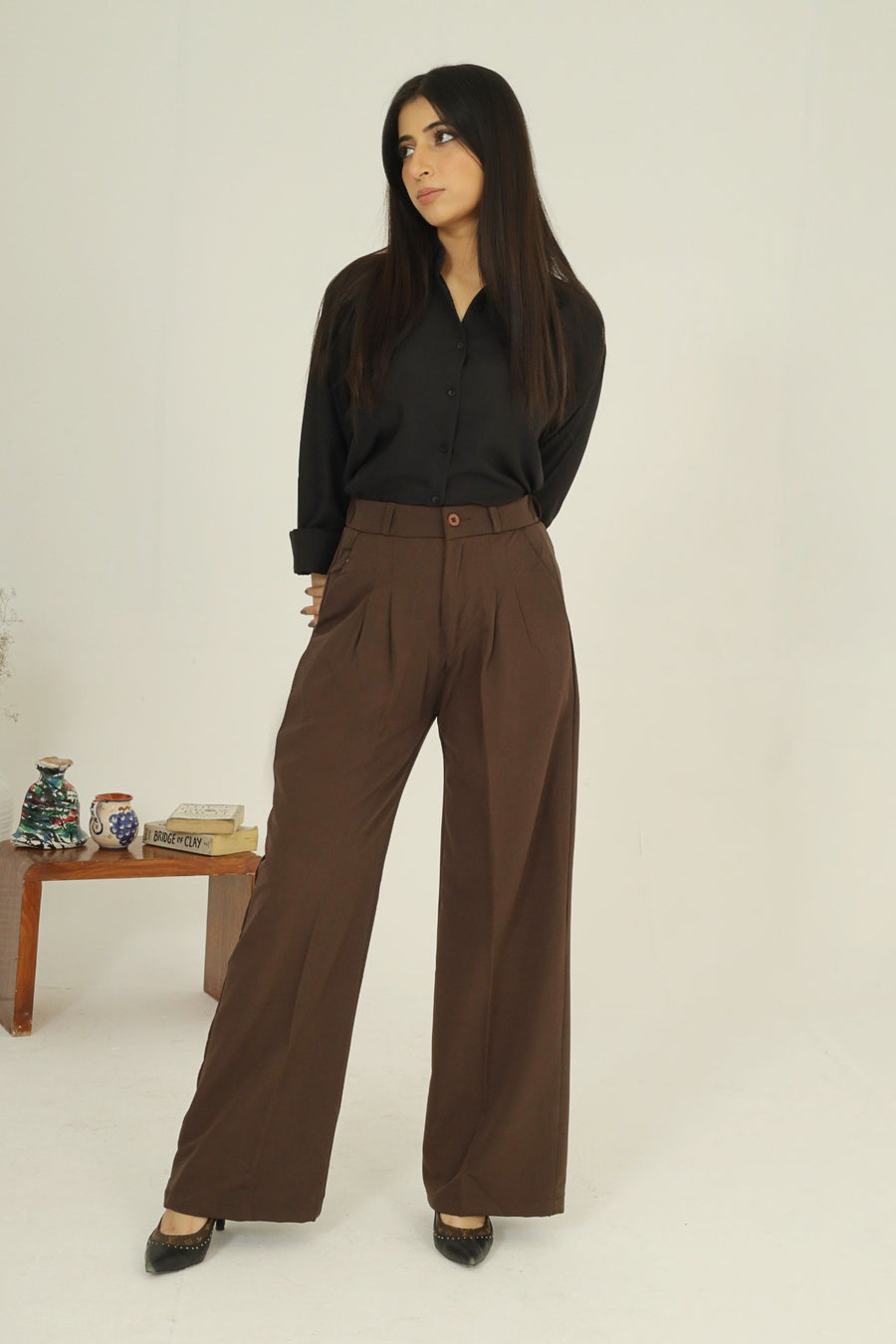 Tailored Wide Leg Pants - Brown