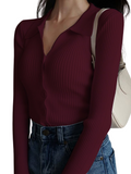 Maroon V Neck Knit Shirt Full Button - Full Sleeves