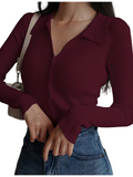 Maroon V Neck Knit Shirt Full Button - Full Sleeves