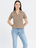 Beige Ribbed Polo - Half Sleeves
