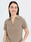 Beige Ribbed Polo - Half Sleeves