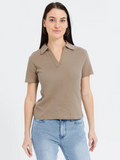 Beige Ribbed Polo - Half Sleeves