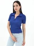 Blue Ribbed Polo  Half Sleeves