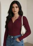 Maroon V Neck Knit Shirt Full Button - Full Sleeves