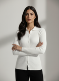 White Full Button V Neck Knit Shirt - Full Sleeve