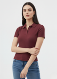 Maroon Ribbed Polo Half Sleeves