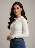 White Half Button V Neck Knit Shirt - Full Sleeve