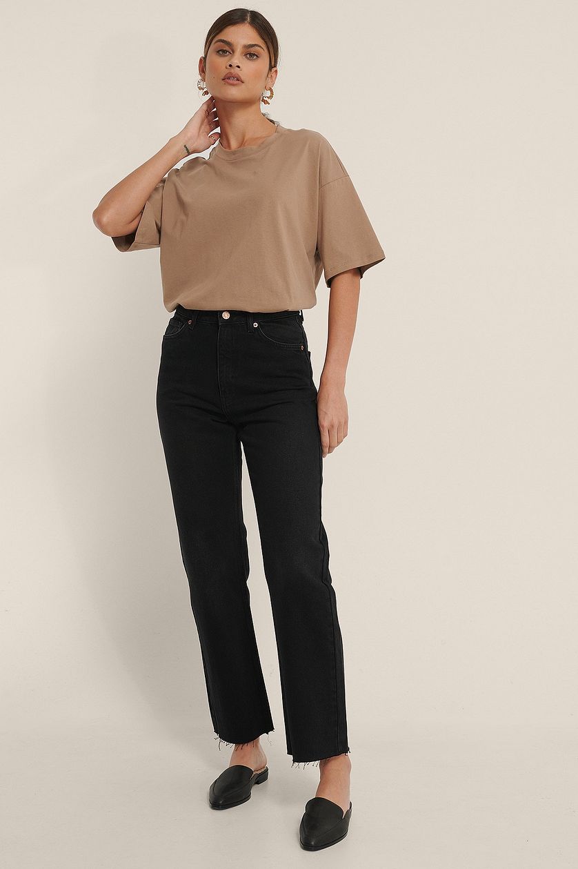 Straight High Waist Raw Hem Jeans